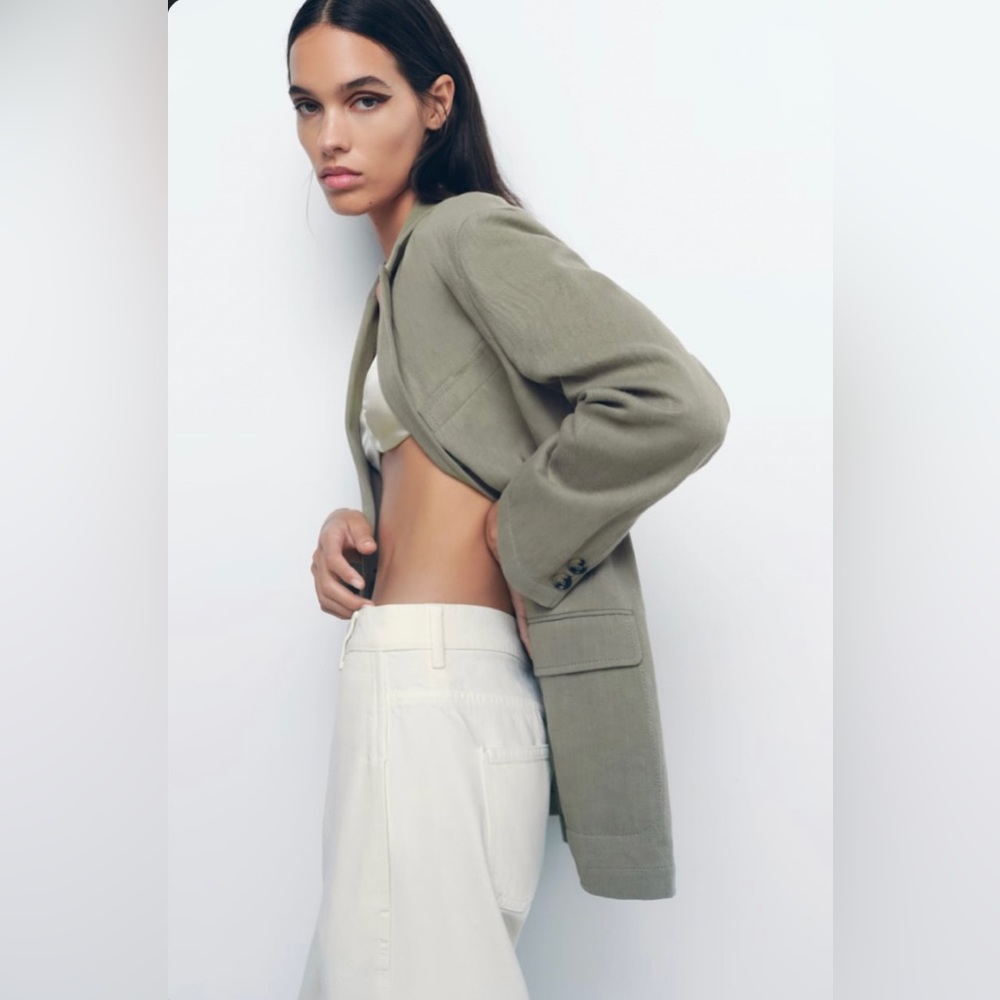ZARA Green Linen Blend Button Blazer Jacket Women's Small - Picture 2 of 9